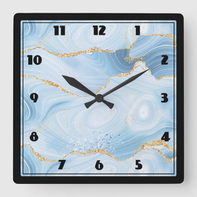 Elegant Cool Blue Agate and Gold Glitter Square Wall Clock (Front)