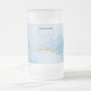Elegant Cool Blue Agate with Gold Glitter Ribbon Frosted Glass Beer Mug