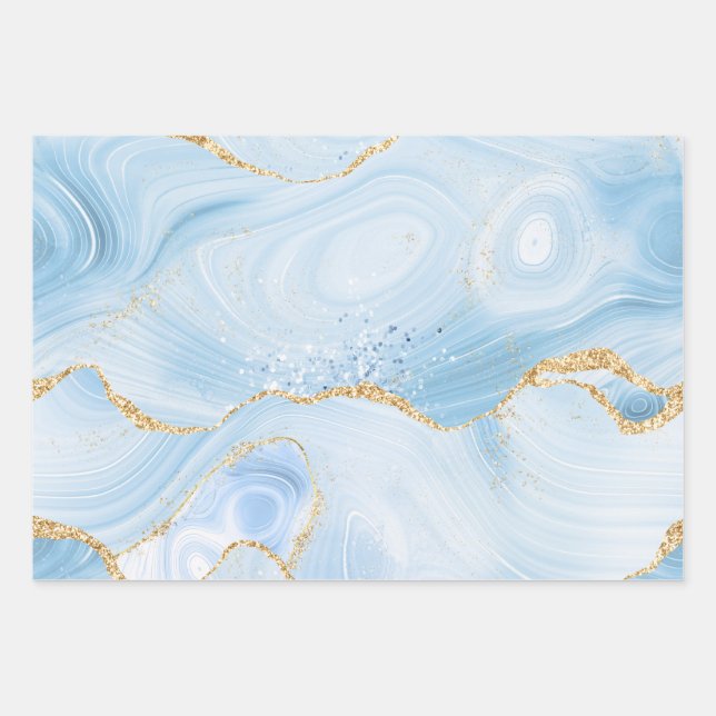 Elegant Cool Blue Agate with Gold Glitter Ribbon Wrapping Paper Sheet (Front)
