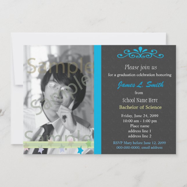 Elegant, cool  blue photo university graduation invitation (Front)