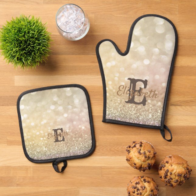 Elegant Cool Gold Bokeh Monogram Oven Mitt & Pot Holder Set (Top Down)