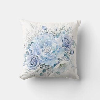 Elegant Cool Winter Blue & White Floral Bouquet Cushion