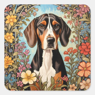 Elegant Coonhound Colorful Floral Square Sticker