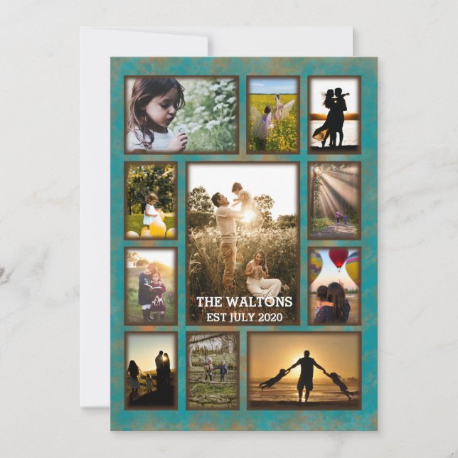 Elegant Copper And Teal Frame Family Photo Collage Card (Front)