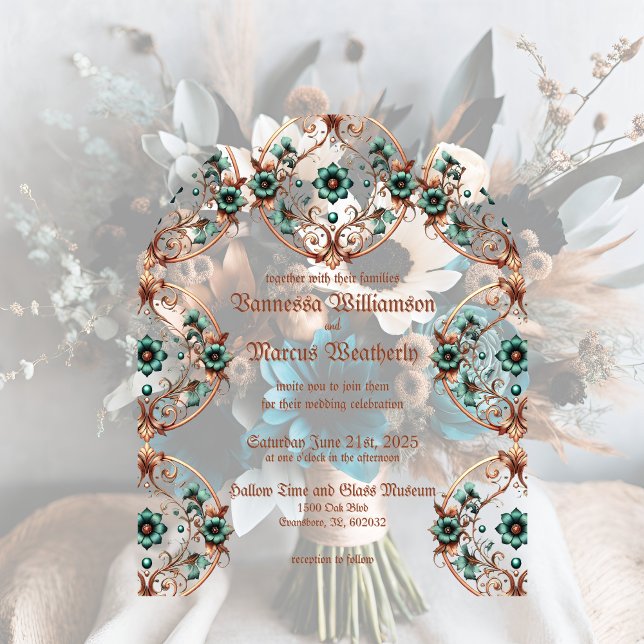 Elegant Copper and Turquoise Floral Circle  Acrylic Invitations (Creator Uploaded)