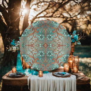 Elegant Copper and Turquoise Flowers Pattern Paper Plate
