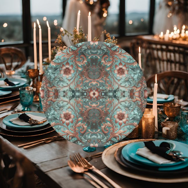 Elegant Copper and Turquoise Formal Floral Paper Plate (Creator Uploaded)