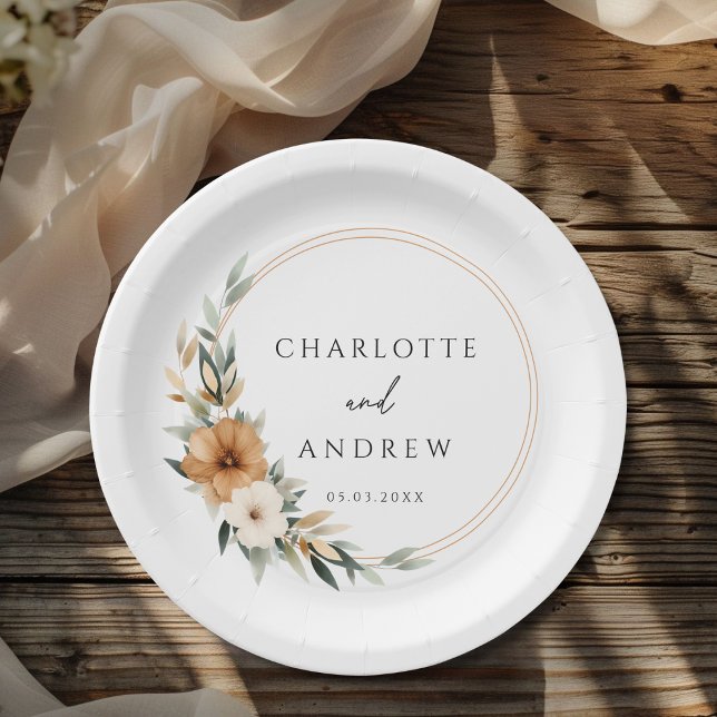 Elegant  Copper Earthy Botanical Wedding  Paper Plate (Elegant Monogram Copper Earthy Botanical Wedding Paper Plates)
