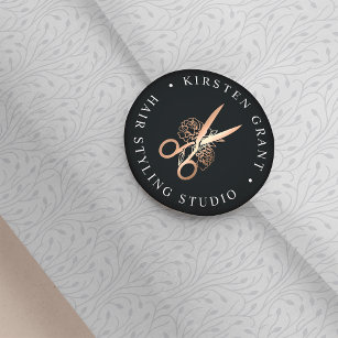 Elegant Copper Floral Scissors Logo Classic Round Sticker