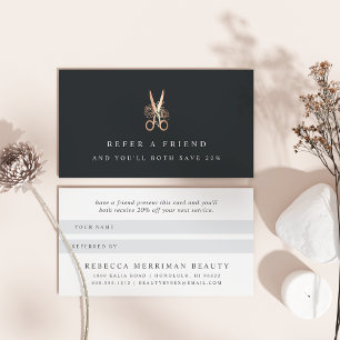 Elegant Copper Floral Scissors Logo Salon Referral Card