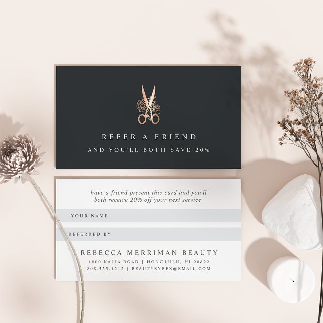 Elegant Copper Floral Scissors Logo | Salon Referral Card (Creator Uploaded)