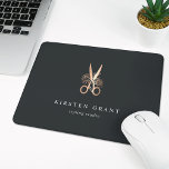 Elegant Copper Floral Scissors Salon Logo Mouse Pad<br><div class="desc">Chic personalised mousepad for your salon or hairstyling business features two lines of custom text in classic white lettering,  on a soft black background adorned with a pair of flower-embellished scissors in faux copper foil.</div>