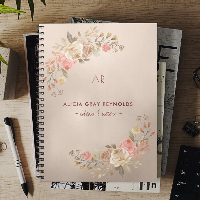 Elegant Copper Gold Foil Monogrammed Floral Notebook (Creator Uploaded)