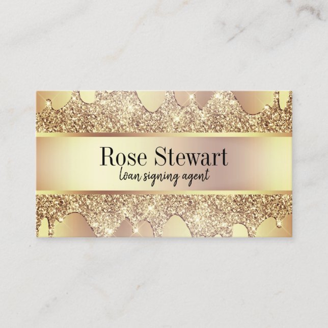 Elegant copper gold glitter drips notary business card (Front)