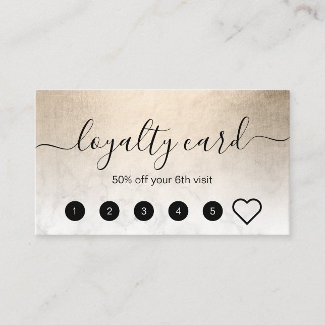 Elegant copper gold white marble makeup artist loyalty card (Front)