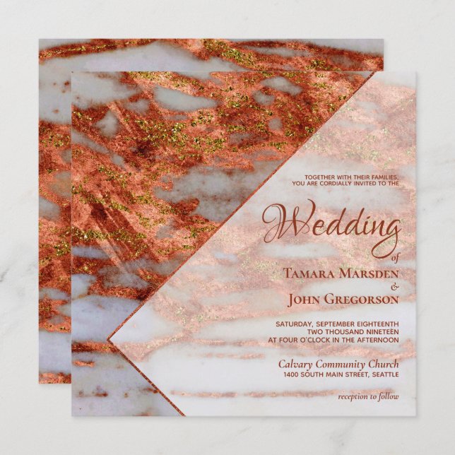 Elegant Copper Metallic Marble Geometric Wedding Invitation (Front/Back)