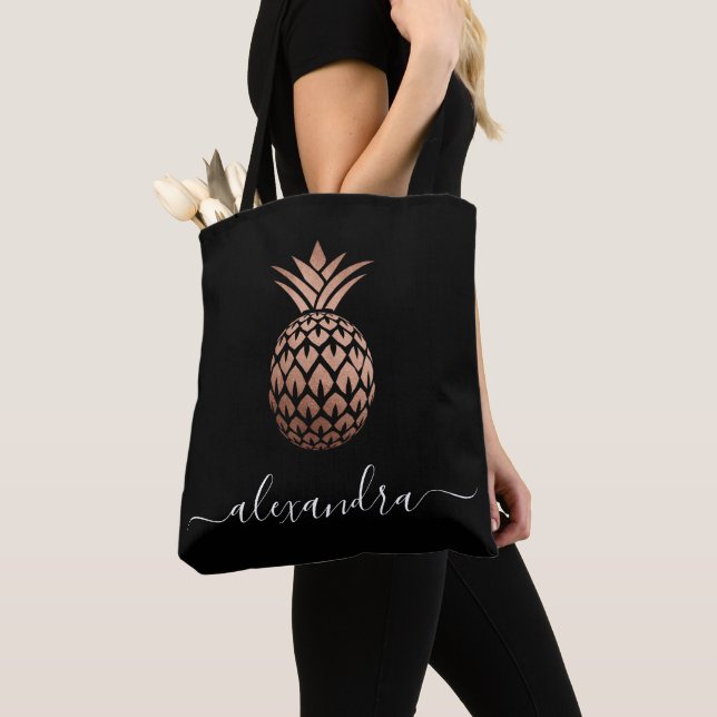 Elegant copper rose gold black pineapple tote bag (Close Up)