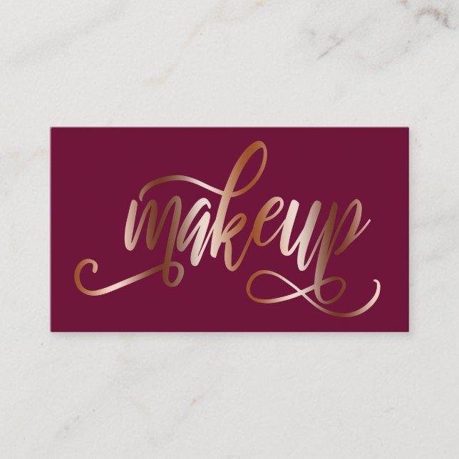Elegant copper rose gold & burgundy makeup artist business card (Front)