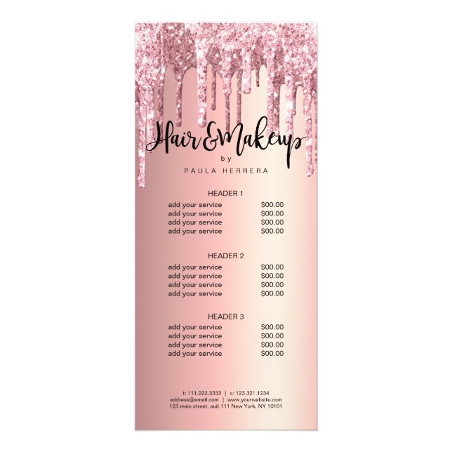 Elegant copper rose gold glitter drip hair makeup rack card (Front)