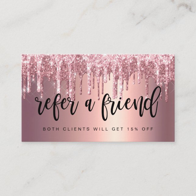 Elegant copper rose gold glitter drip hair stylist referral card (Front)