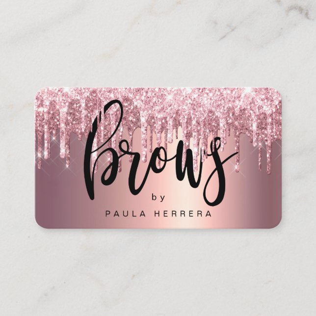 Elegant copper rose gold glitter drips brows business card (Front)