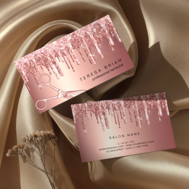 Elegant copper rose gold glitter drips hairstylist business card (Creator Uploaded)