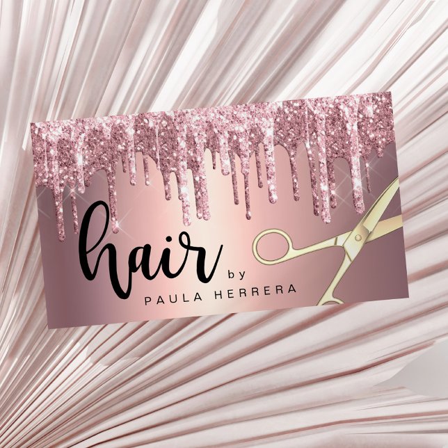 Elegant copper rose gold glitter drips hairstylist business card (Creator Uploaded)