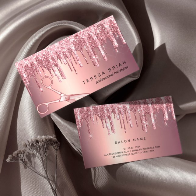 Elegant copper rose gold glitter drips hairstylist business card (Creator Uploaded)
