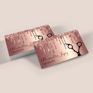 Elegant copper rose gold glitter drips hairstylist business card