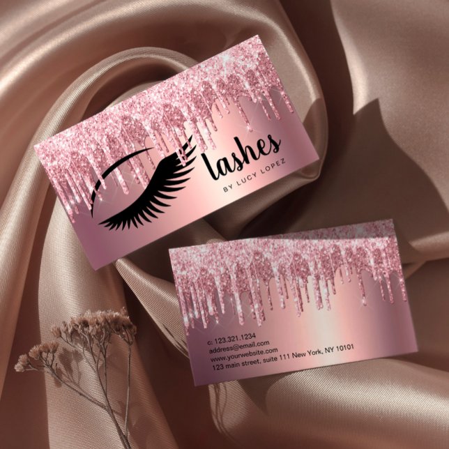 Elegant copper rose gold glitter drips lashes business card (Creator Uploaded)