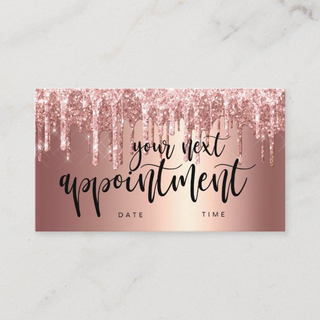 Elegant copper rose gold glitter drips nails appointment card (Front)