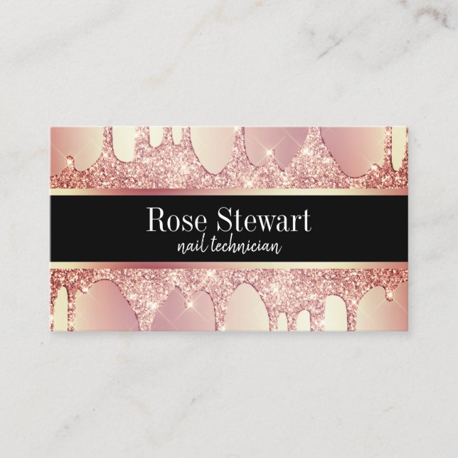 Elegant copper rose gold glitter drips nails business card (Front)