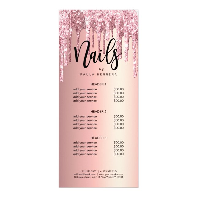 Elegant copper rose gold glitter drips nails rack card (Front)