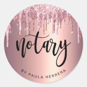 Elegant copper rose gold glitter drips notary  classic round sticker