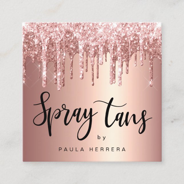 Elegant copper rose gold glitter drips spray tans square business card (Front)