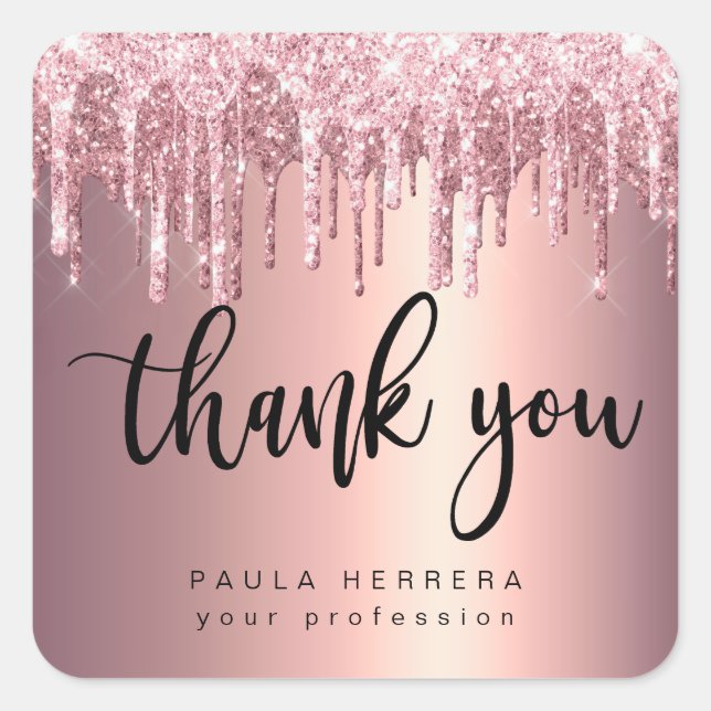 Elegant copper rose gold glitter drips thank you square sticker (Front)
