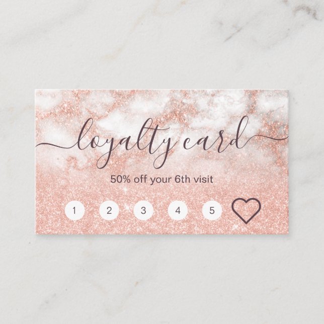 Elegant copper rose gold glitter makeup artist loyalty card (Front)