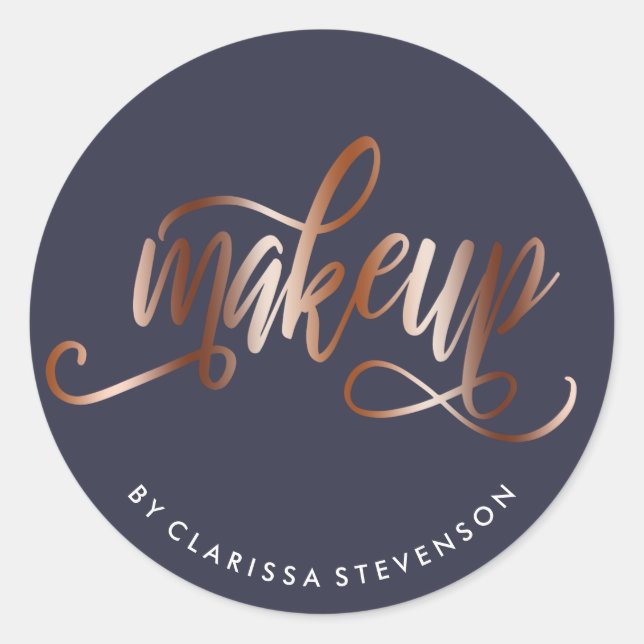 Elegant copper rose gold & navy blue makeup artist classic round sticker (Front)