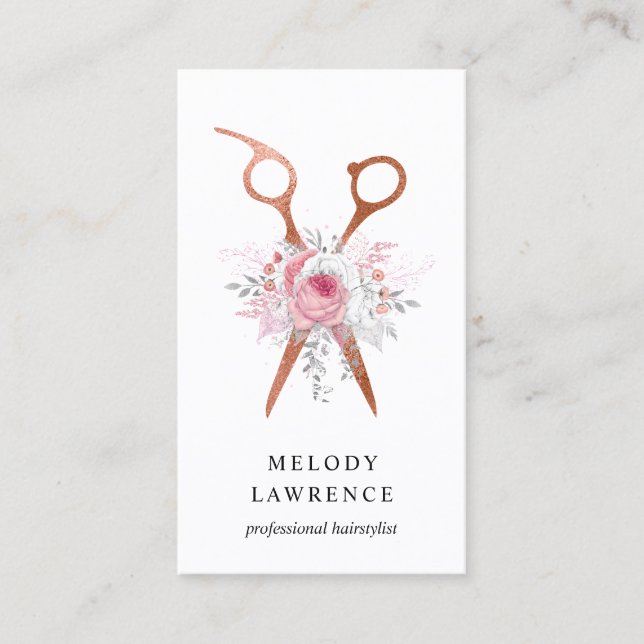 Elegant copper rose gold scissors hairstylist business card (Front)