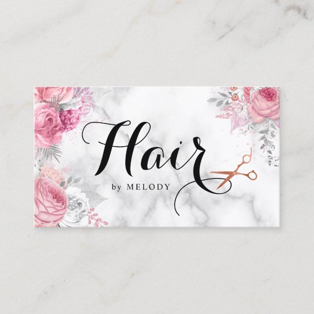 Elegant copper rose gold scissors hairstylist business card (Front)