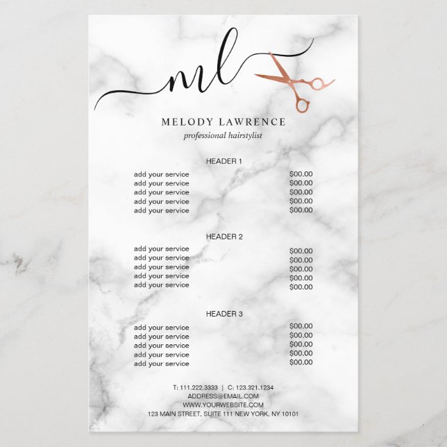 Elegant copper rose gold scissors hairstylist flyer (Front)