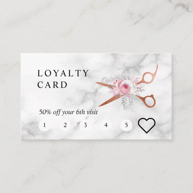 Elegant copper rose gold scissors hairstylist loyalty card (Front)