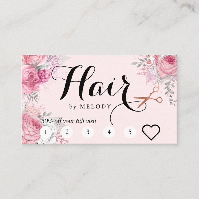 Elegant copper rose gold scissors hairstylist loyalty card (Front)