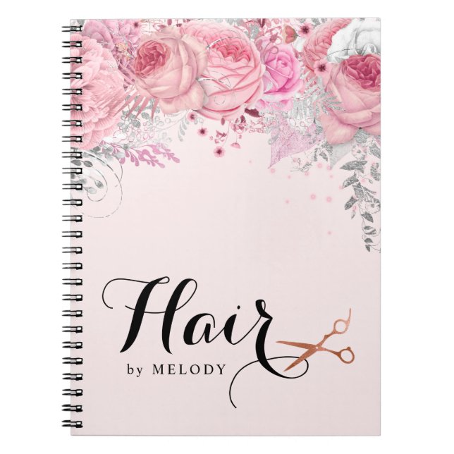 Elegant copper rose gold scissors hairstylist notebook (Front)