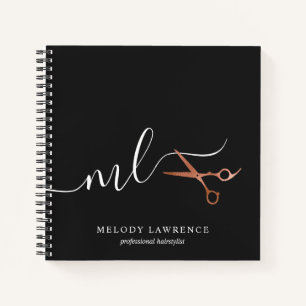 Elegant copper rose gold scissors hairstylist notebook