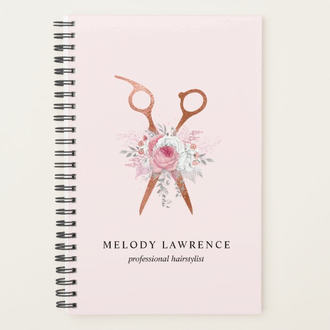 Elegant copper rose gold scissors hairstylist planner (Front)