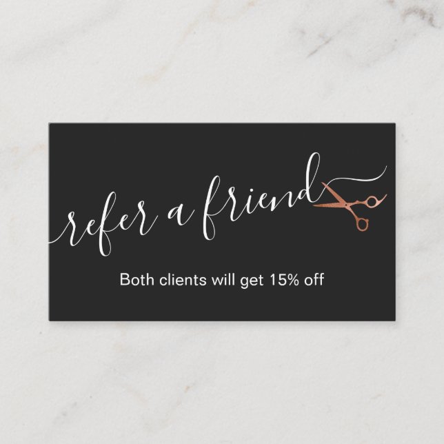 Elegant copper rose gold scissors hairstylist referral card (Front)