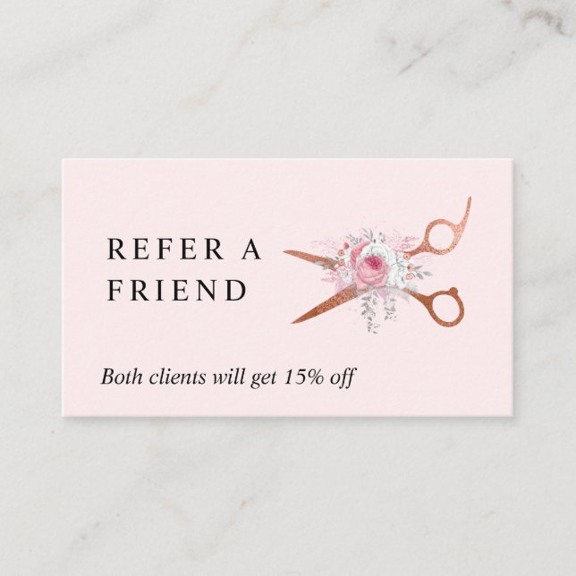 Elegant copper rose gold scissors hairstylist referral card (Front)