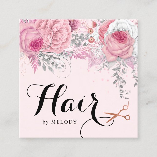Elegant copper rose gold scissors hairstylist square business card (Front)