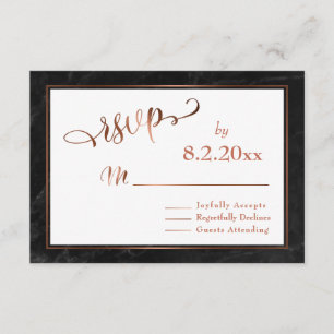Elegant Copper Script w/ Black Marble Wedding RSVP Card